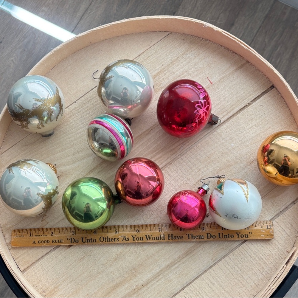 Vintage Holiday Glass Ball Ornament Set - Gold, Pink, Green, Silver Metal Caps - Picture 11 of 12